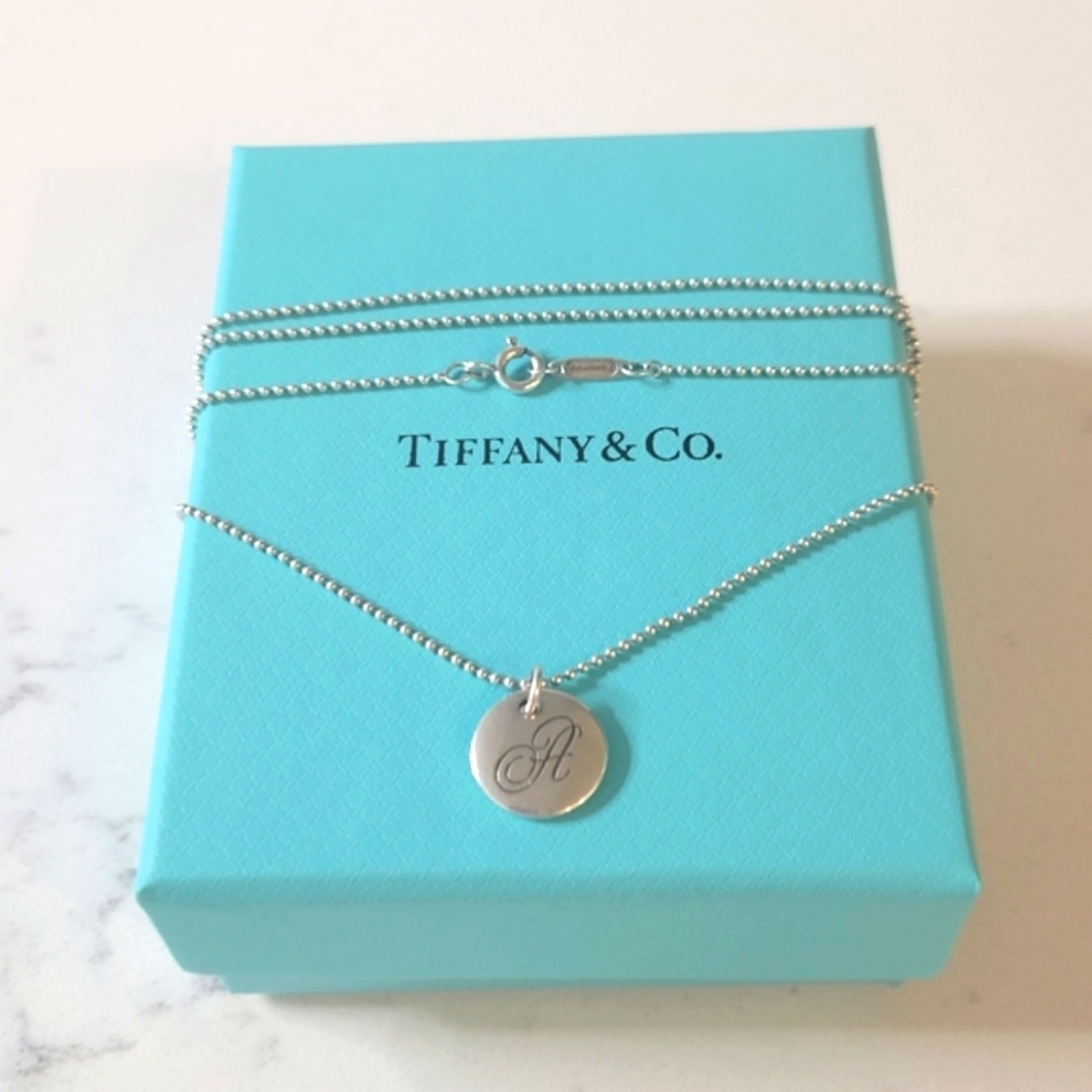 Tiffany & Co.  Letter A Initial Circle Disc Notes Bead Silver Necklace 18".